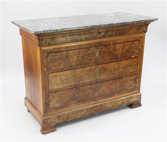 A French 19th century walnut marble top commode, W.4ft 3in. H.3ft 2in.
